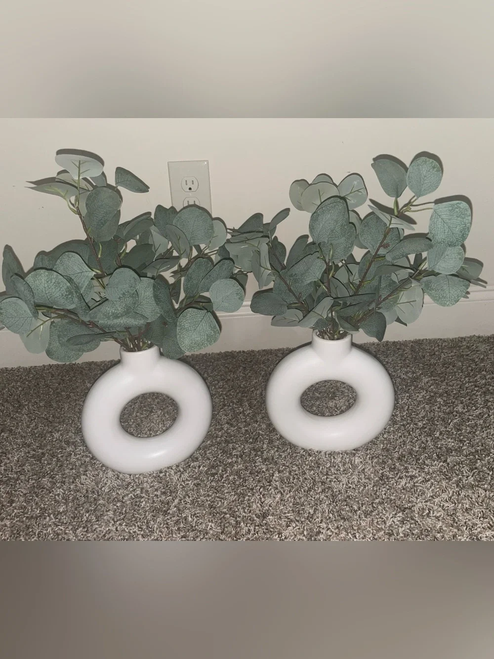 Modern White Ceramic Donut Vase with Faux Greenery - Pair